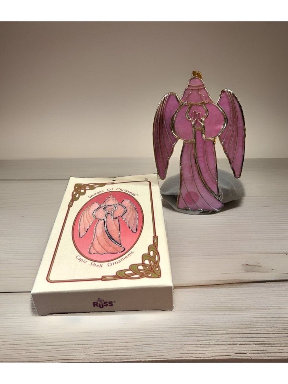 Vtg Russ Angel Praying Pink Capiz Shell Gold Trim 4.75" Christmas Tree Ornament